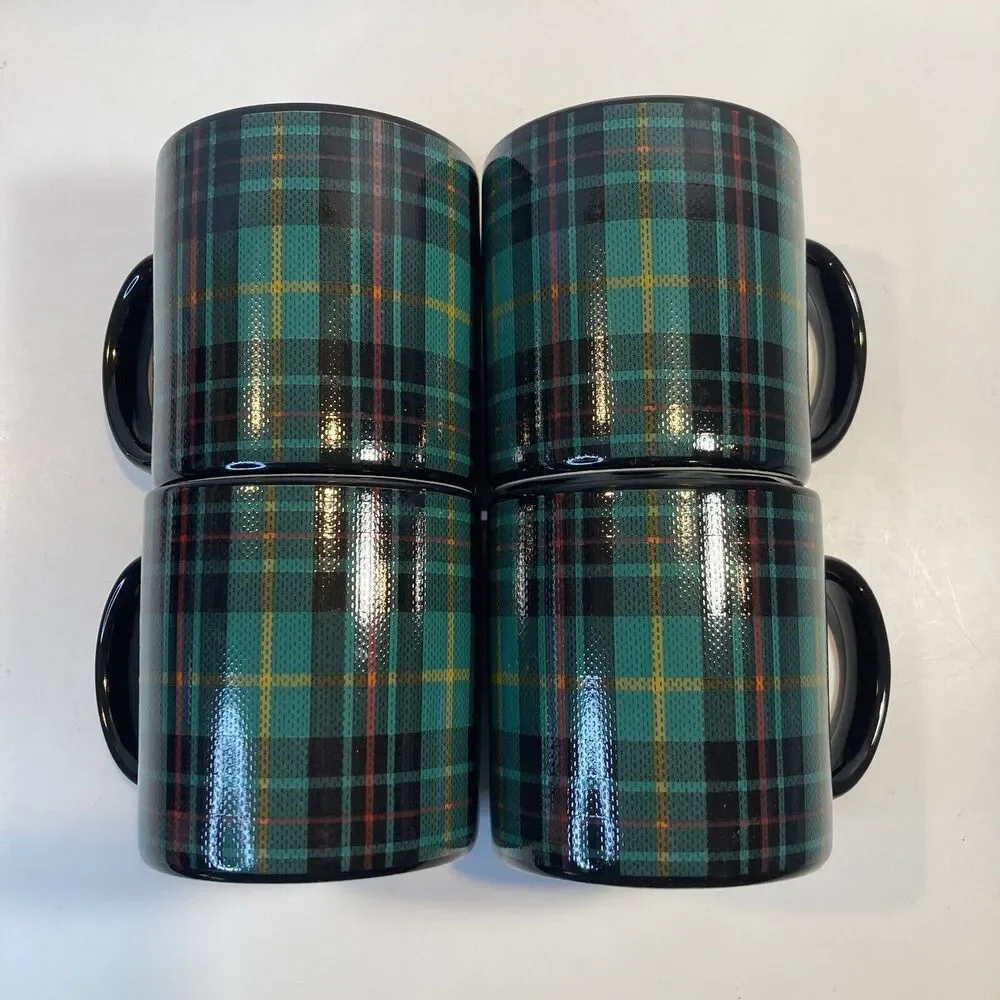 4 Pier 1 Mugs Tartan Plaid Green Black EUC Coffee Tea Mug Stoneware Japan 12oz